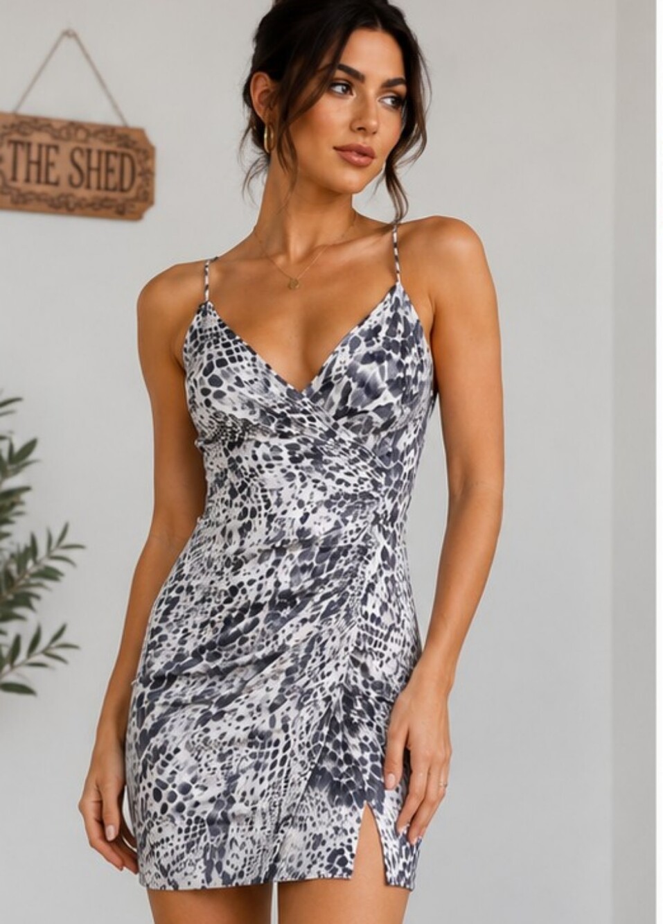 New Tobi Snakeskin Print Mini Dress Grey White Wrap‎ Ruched Tie Back Crisscross